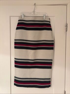 Zara Ivory Midi Skirt with Navy & Burgundy Stripes
